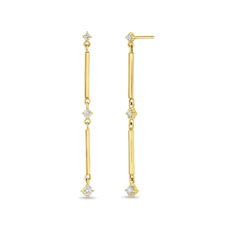 Deco style earrings-14k Gold Linked Bar & Graduated Diamond Drop Earrings