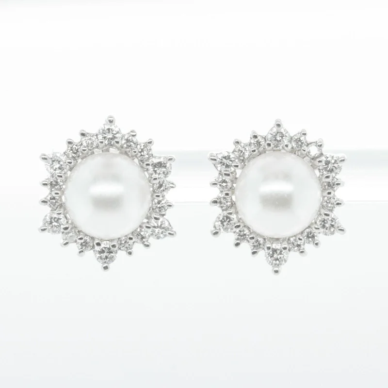 Retro clip earrings-14k White Gold Diamond Halo 7.35mm Pearl Earrings 0.45ctw G SI1 4.1g