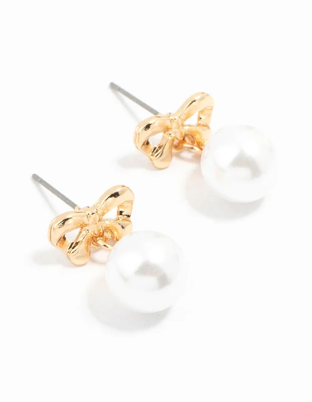 Patina brass earrings-Gold  Pearl Drop Bow Stud Earrings