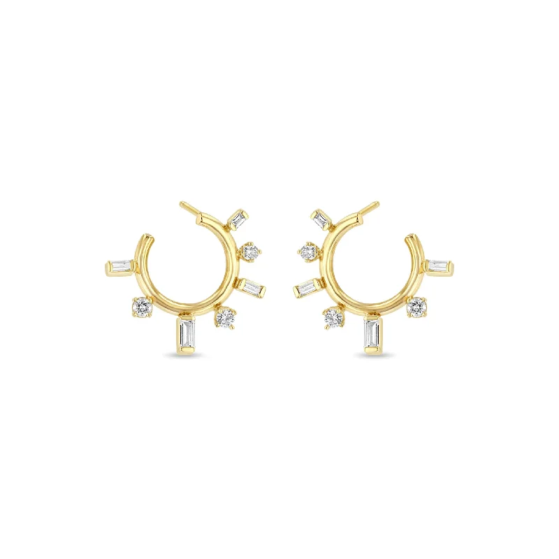 Mystic eye earrings-14k Baguette & Prong Diamond Front to Back Circle Hoops