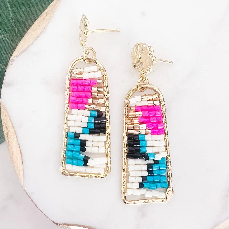 Agate drop earrings-Miami Multi Seed Bead Gold Dangle Earrings