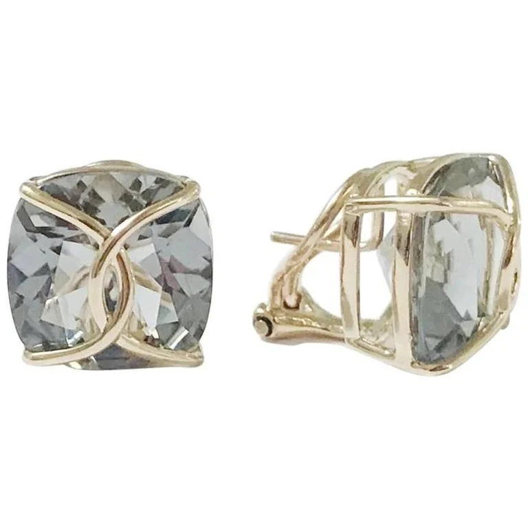 Polished art earrings-Green Amethyst Cushion Stud Earring with Yellow Gold Wire Wrap