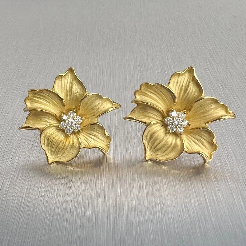 Victorian style earrings-18k Yellow Gold Diamond Peach Blossom Flower Omega Back Earrings 0.50ctw 21.3g