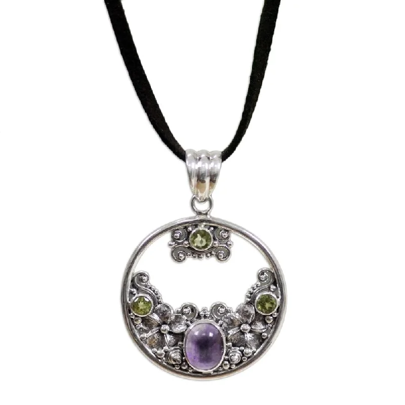 Multi-birthstone necklaces-Silver Frangipani Moon Peridot Amethyst Necklace (Indonesia)