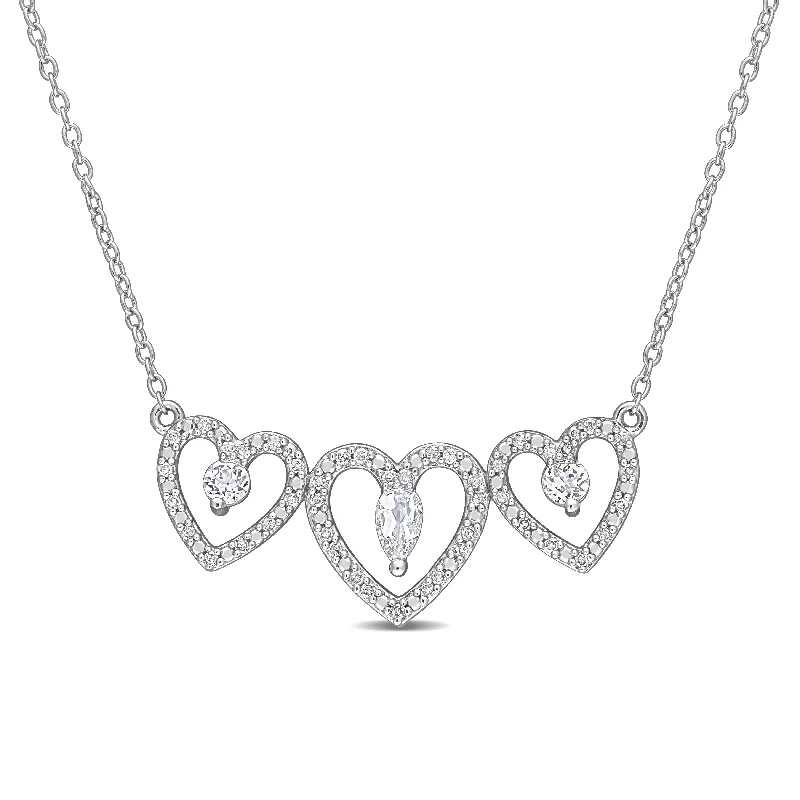 Topaz necklaces-Miadora White Topaz and 1/5ct TDW Diamond Accent Triple Heart Station Necklace in Sterling Silver