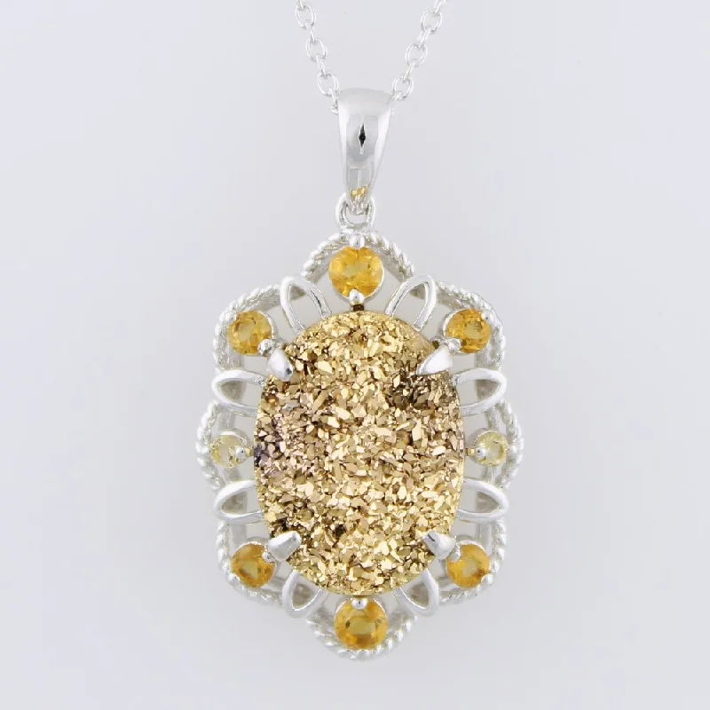 Neat-line necklaces-Sterling Silver Drusy Citrine Necklace