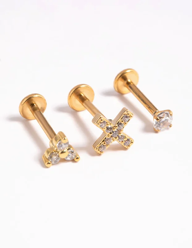 Bamboo style earrings-Gold Plated Titanium Cubic Zirconia Cross Flat Back Pack