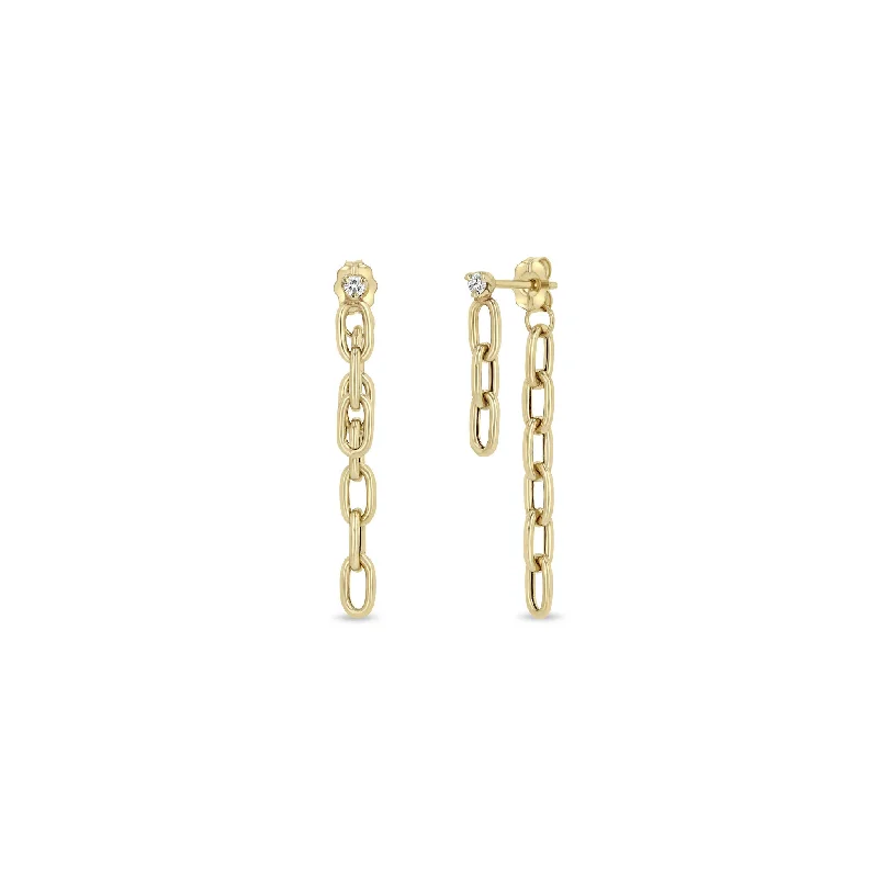 Deco style earrings-14k Prong Diamond Medium Square Oval Chain Double Drop Earrings