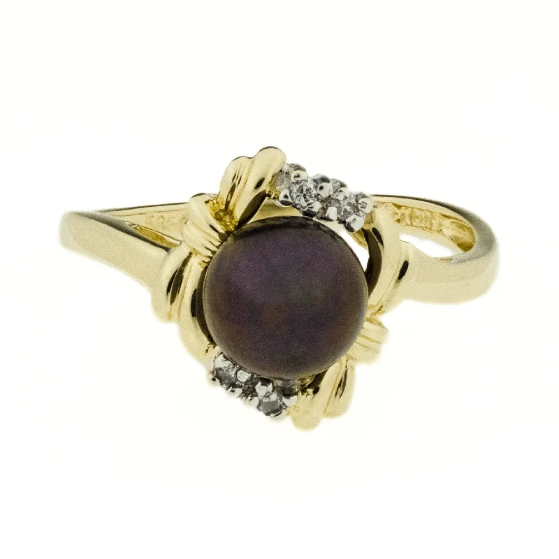 Multi-stone engagement rings-6.7mm Black Pearl and Diamond Accents Ring in 14K Two-Tone Gold - Size 6