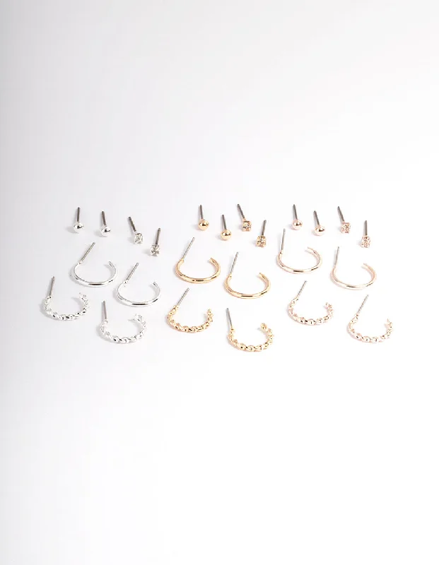 Smooth drop earrings-Mixed Metal Plain & Dimanate Stud & Hoop Earring 12-Pack