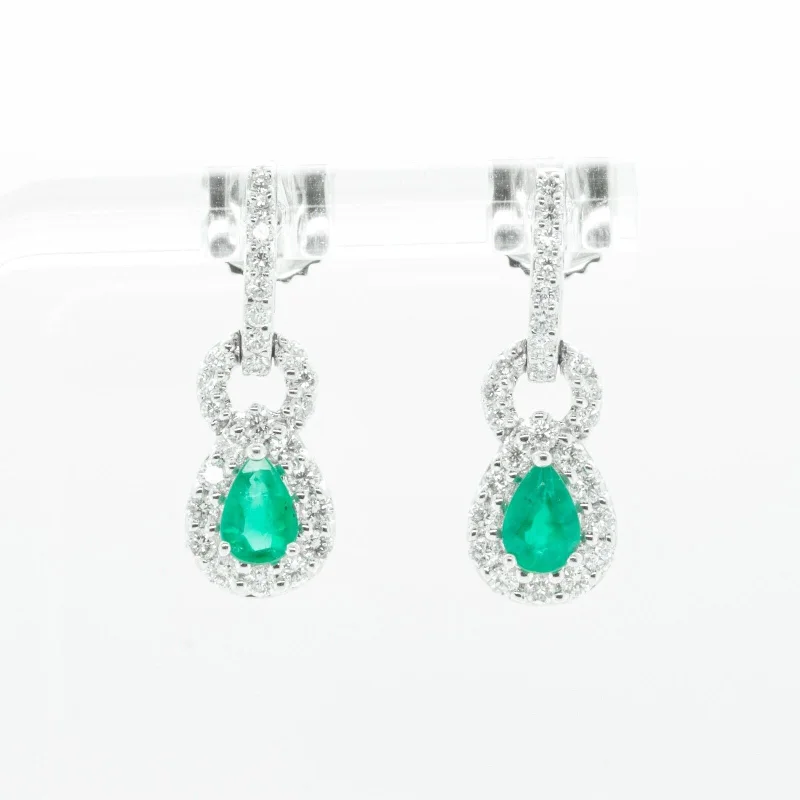 Thick tier earrings-18k White Gold 1.15ctw Diamond 0.85ctw Pear Emerald Dangle Earrings 4.3g