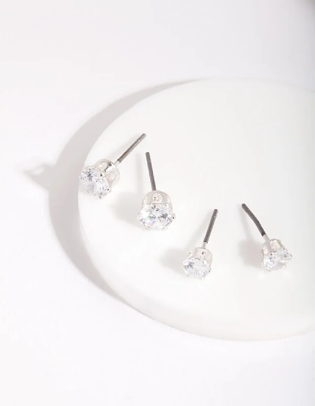 Crystal-twisted earrings-Silver Cubic Zirconia Round Stud Earring Pack