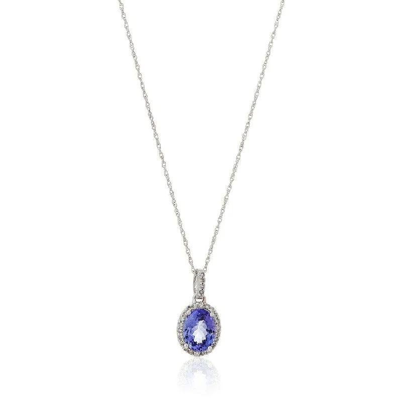 Oval shape necklaces-14k White Gold Oval Tanzanite and Diamond Halo Pendant Necklace, 18"