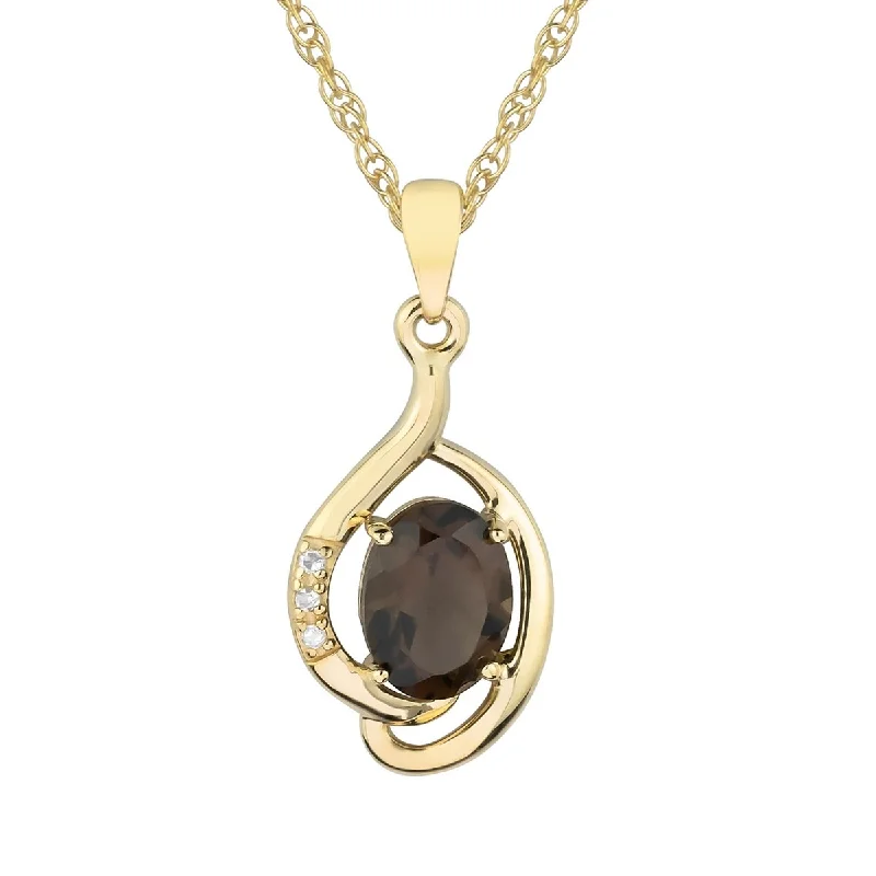 Solid link necklaces-Viducci 10k Yellow Gold Genuine Oval Smoky Quartz and Diamond Pendant Necklace