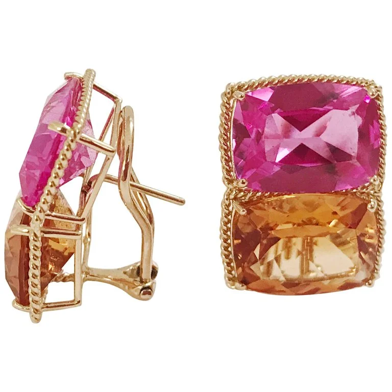 Vintage flair earrings-Grande Rope Twist Earring with Hot Pink Topaz and Orange Citrine