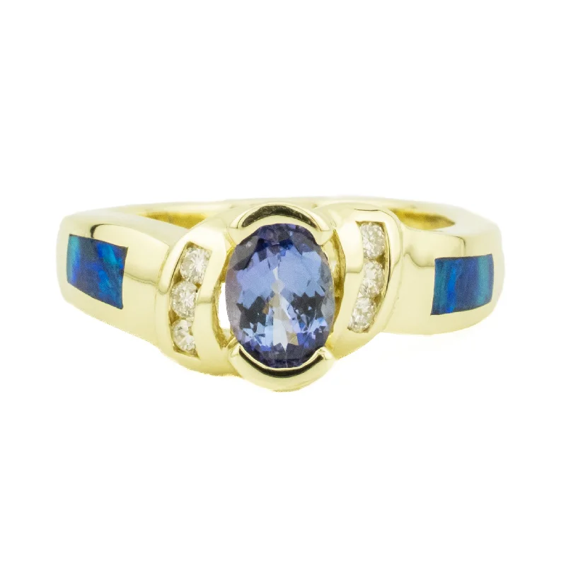 Topaz engagement rings-0.71ctw Tanzanite with Opal & Diamond Accents Gemstone Ring in 14K Yellow Gold