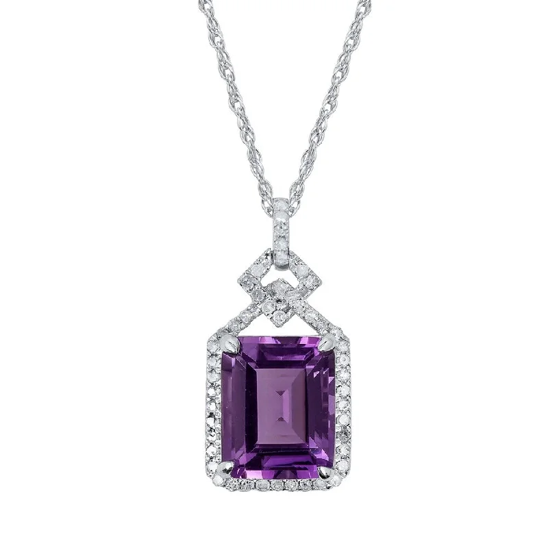 Solid link necklaces-Viducci 10k White Gold Genuine Emerald-cut Amethyst and 1/4ct Diamond Halo Necklace