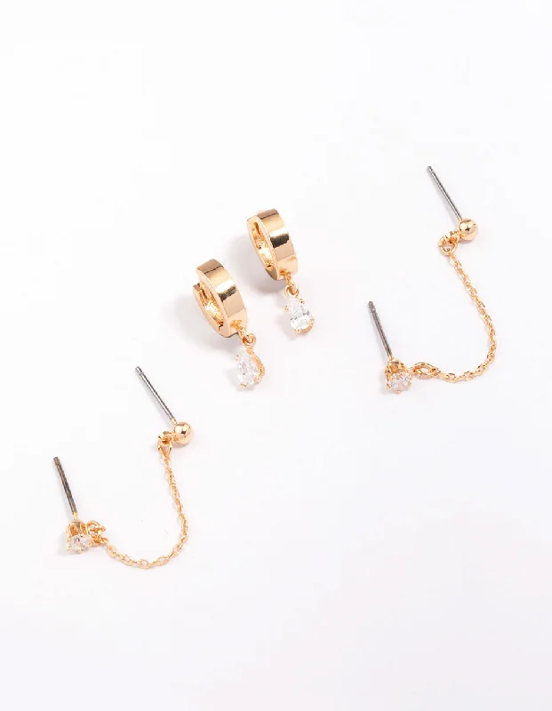 Spinel earrings-Gold Cubic Zirconia Chain Stud & Hoop Earring 3-Pack