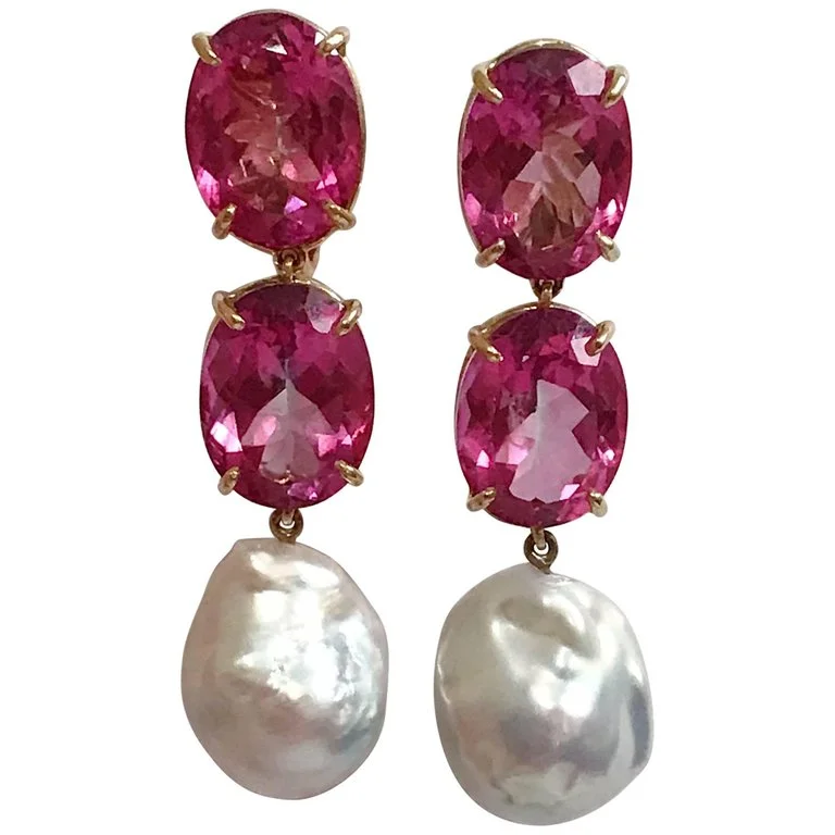 Smooth drop earrings-Elegant Three-Stone Drop Earring with Pink Topaz and Baroque Pearl