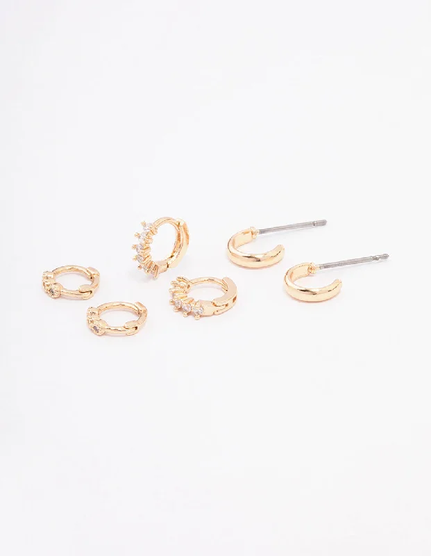 Bead weave earrings-Gold Mixed Diamante Huggie Hoop Earring 3-Pack