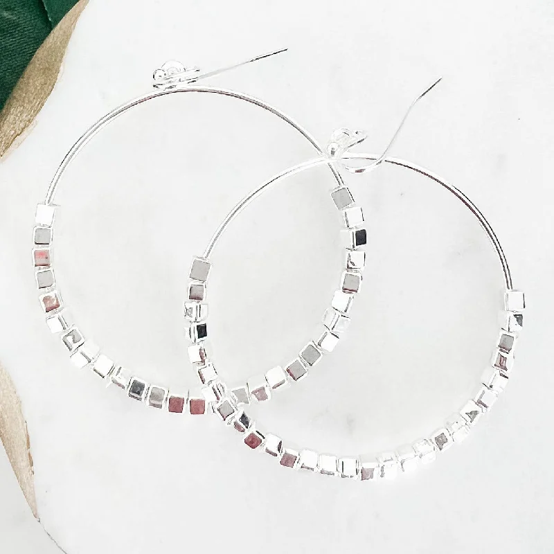 Tide drop earrings-Silver Beaded Circle Hoop Earrings