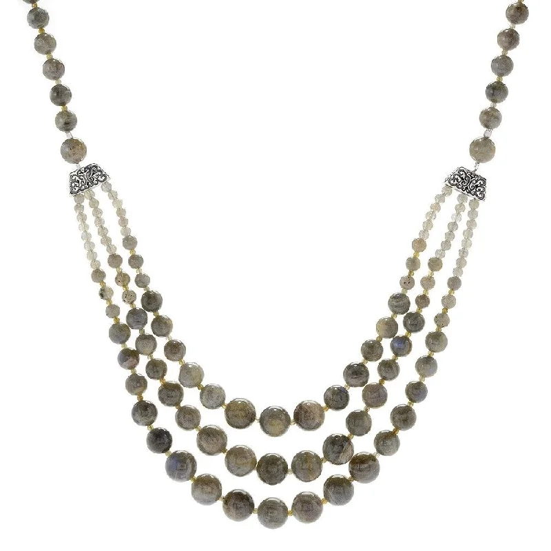 Retro photo necklaces-Sterling Silver 29" Labradorite Beaded 3-Strand Necklace