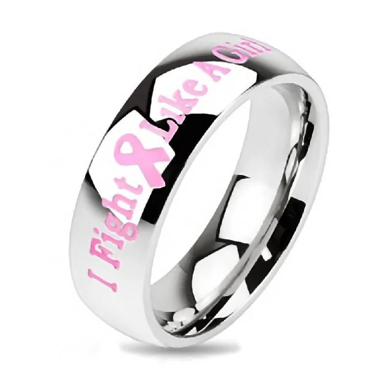 Flat knot engagement rings-Fight Like A Girl Stainless Steel Pink Breast Cancer Awareness Ring