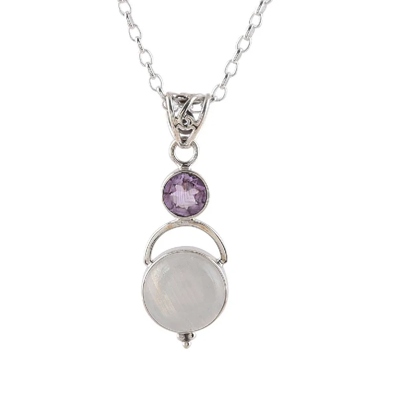 Heavy collar necklaces-NOVICA Alluring Serenity, Rainbow moonstone and amethyst pendant necklace - 17.75" L