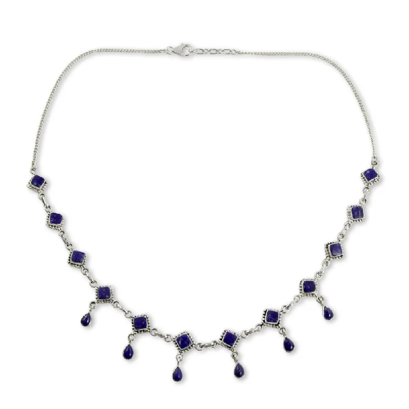 Spring clasp necklaces-Handmade Sterling Silver Queen of Diamonds Lapis Lazuli Curb Style Necklace (India)