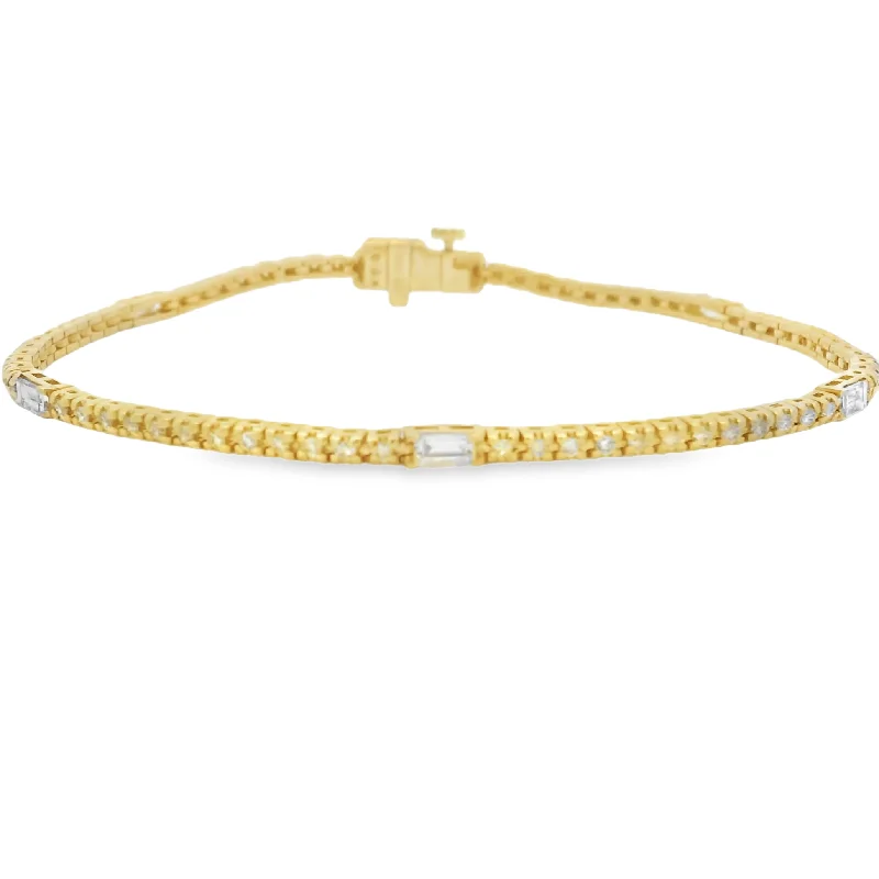 Spinel stone bangles-14K Yellow Gold Baguette and Round Diamond Tennis Bracelet