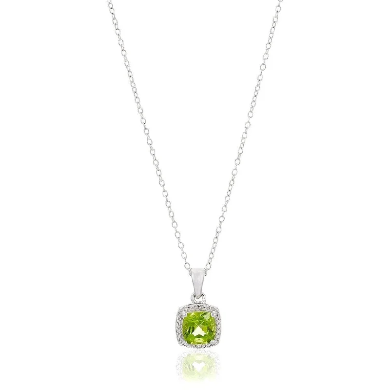 Agate stone necklaces-Sterling Silver Cushion Peridot Diamond Halo Pendant Necklace, 18"