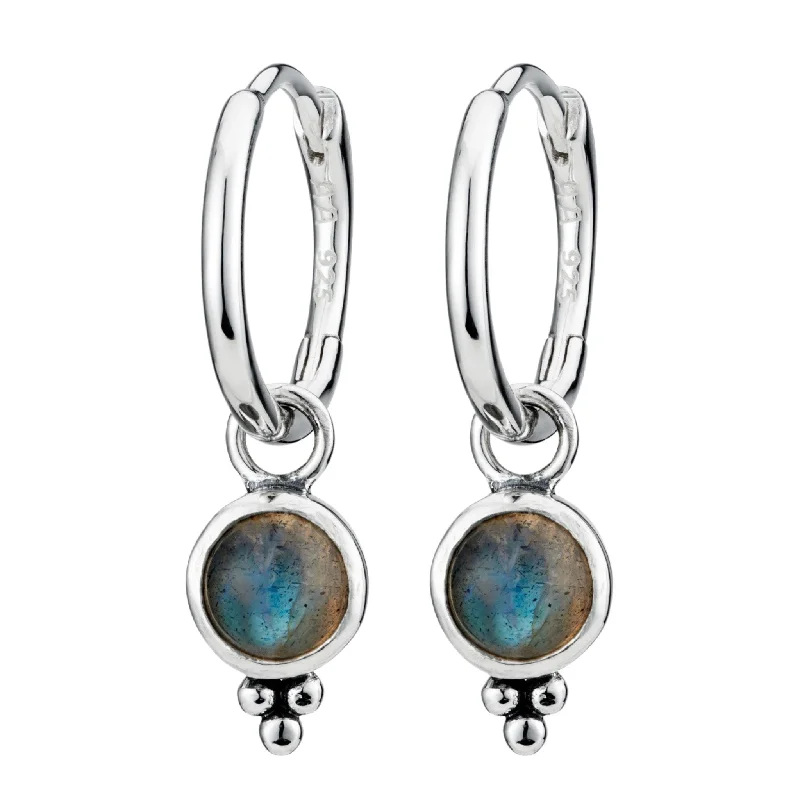 Fine triangle earrings-SATELLITE - Labradorite & Sterling Silver Hoops