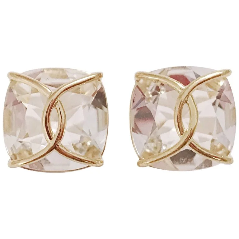 Morganite stud earrings-Large Rock Crystal Cushion Stud Earring with Yellow Gold Wire Wrap