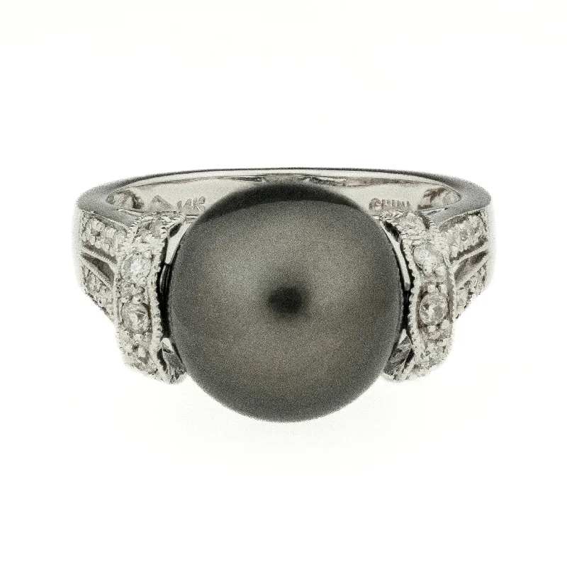 Pear cut engagement rings-11.50mm Tahitian Black Pearl and Diamond Accents Ring in 14K White Gold