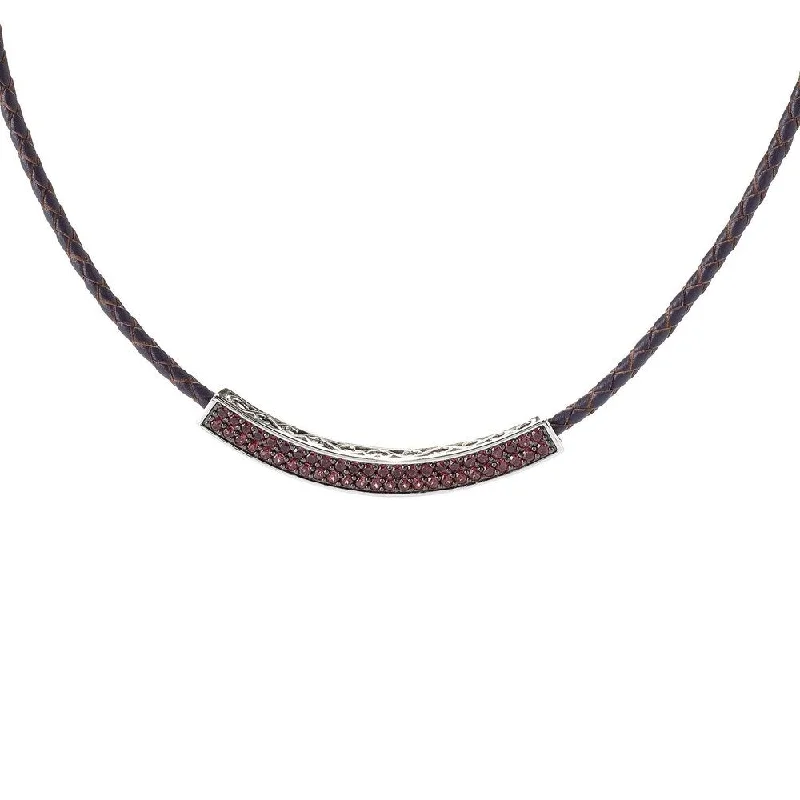 Worn style necklaces-Platinum over Sterling Silver Rhodolite Curved Braided Leather Necklace