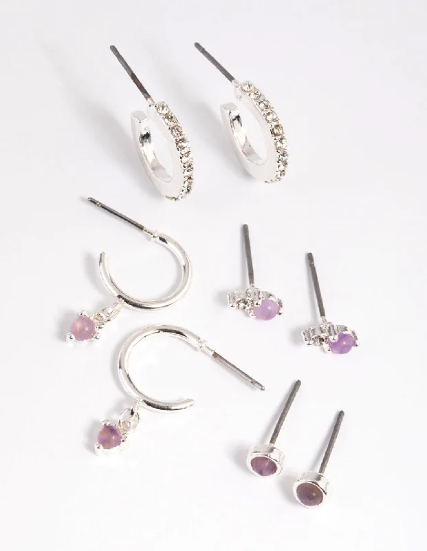 Light wood earrings-Purple Amethyst Diamante Earring Stack Pack