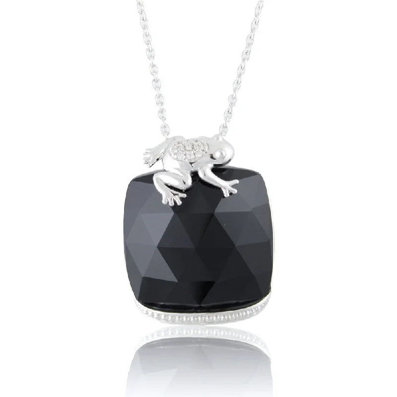 Topaz necklaces-Platinum over Sterling Silver Black Agate and White Topaz Frog Necklace