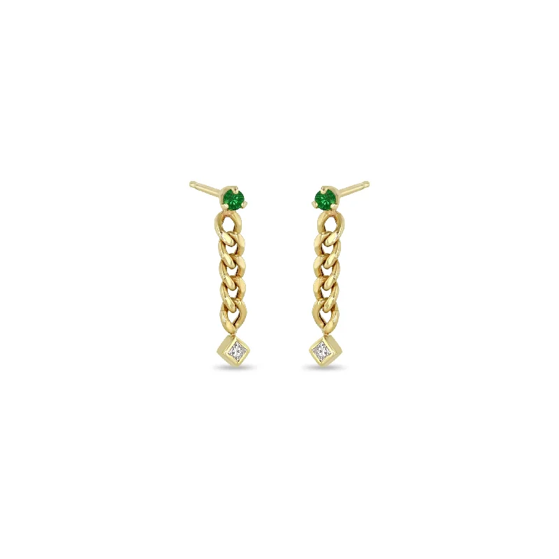 Agate drop earrings-14k Prong Emerald & Princess Diamond Small Curb Chain Drop Earrings