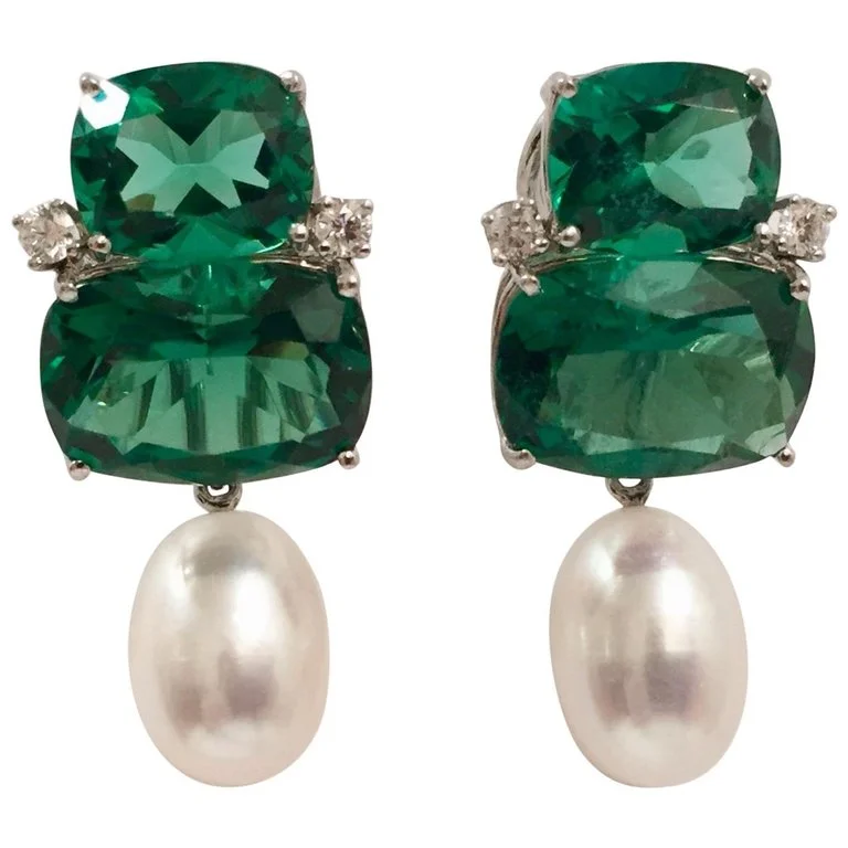 Fine bead earrings-Double Cushion Green Quartz Earrings with Detachable Pearls