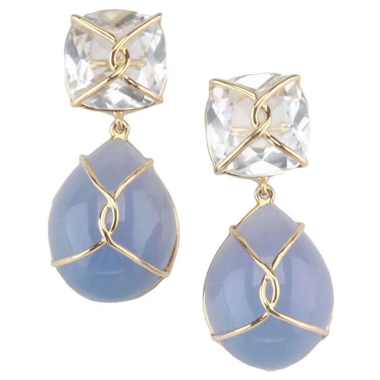 Agate drop earrings-18kt Yellow gold Wrapped Drop Earrings with Rock Crystal and Cabochon Chalcedony