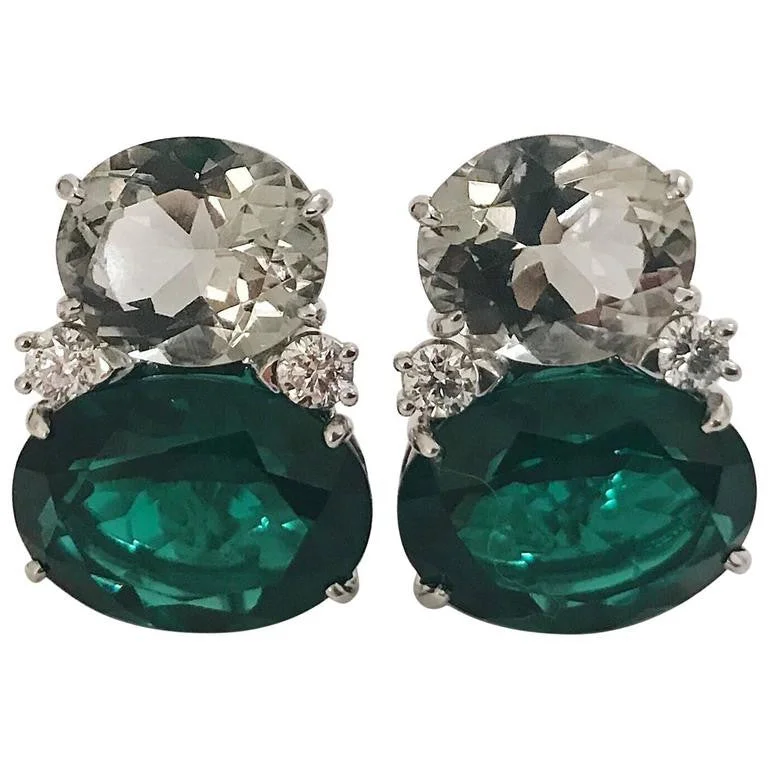 Deco style earrings-Large GUM DROP™ Green Amethyst and Green Topaz and  Diamond Earrings