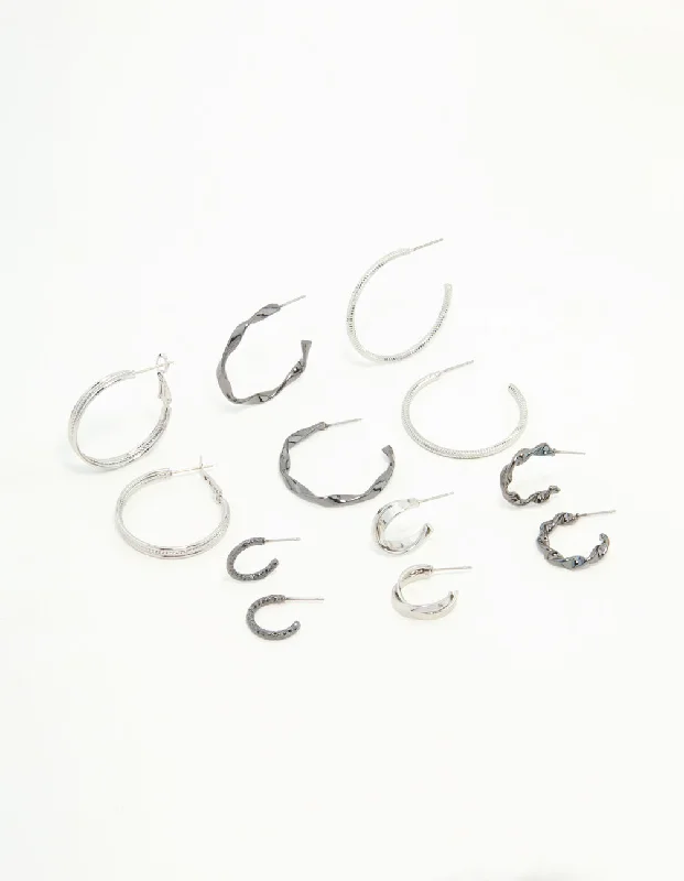 Square stud earrings-Mixed Shade Silver Twisted & Sleek Hoop Earrings 6-Pack