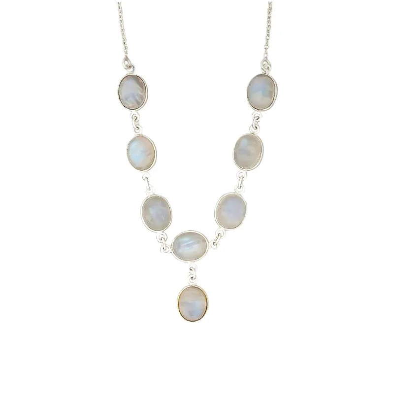 Leaf motif necklaces-925 Sterling Silver Rainbow Moonstone Y-Shape Necklace