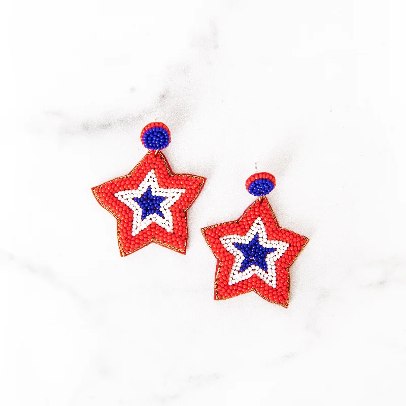 Bold cuff earrings-Patriotic Beaded Star Earrings