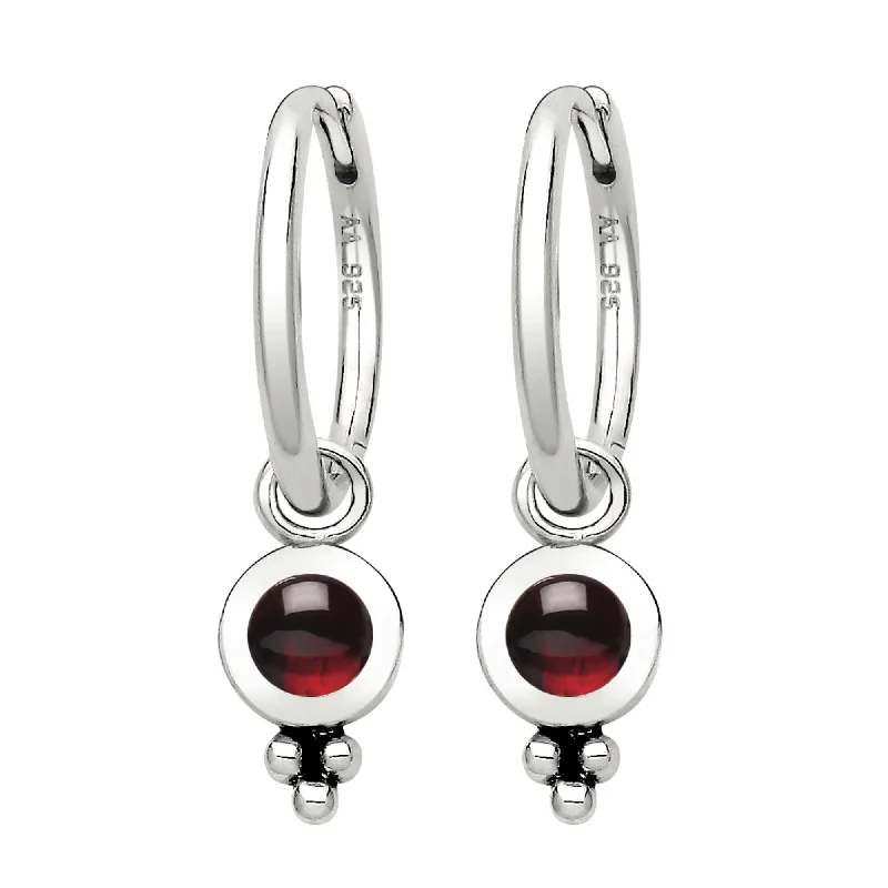 Vintage flair earrings-SATELLITE - Garnet & Sterling Silver Hoops