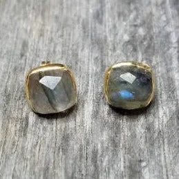 Polished art earrings-Gold Cushion Labradorite Stud Earrings