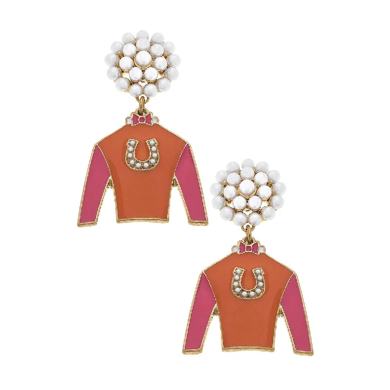 Surf motif earrings-Canvas Style - Riva Ridge Jockey Silk Enamel Drop Earrings in Orange & Pink