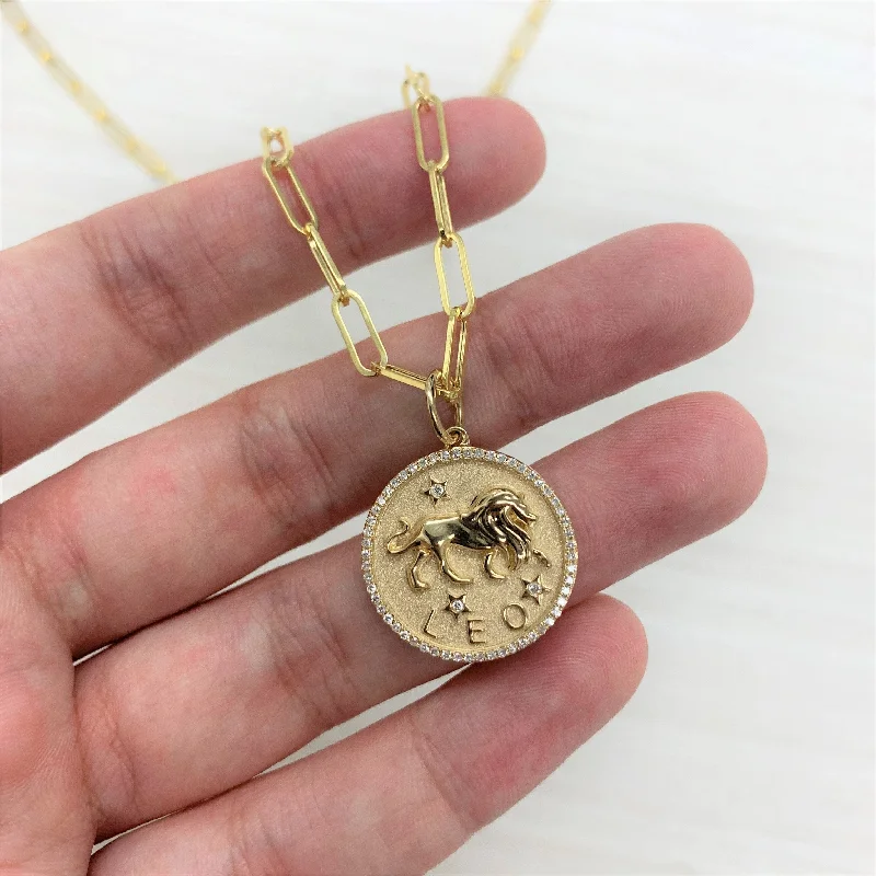 Tiny charm necklaces-Joelle Diamond Leo Zodiac Necklace 14K Yellow Gold on 18-inch Paperclip Chain