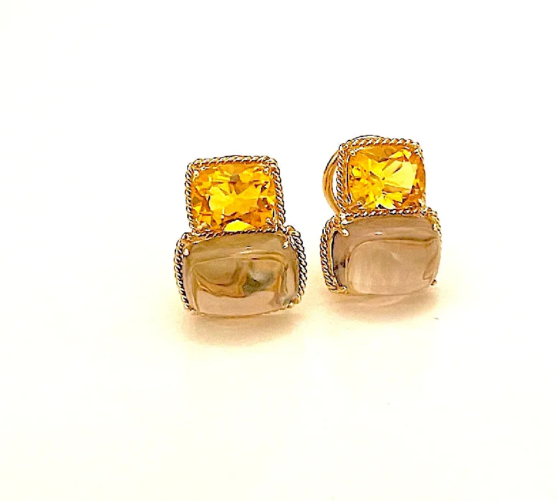 Thick tier earrings-18kt Yellow Gold Cushion Rope Twist Border Earring with Citrine and Smoky Topaz