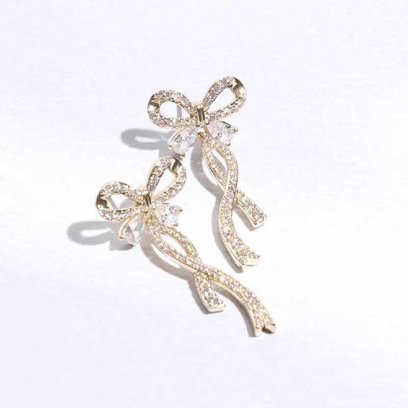 Bamboo style earrings-Long Tail Gold Ribbon CZ Post Earrings